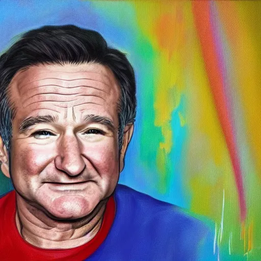 Prompt: portrait painting of robin williams, he is wearing a rainbow colored pullover