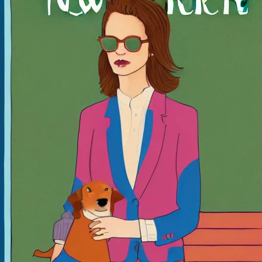 Prompt: illustrated cover art for new issue of the new yorker magazine, a woman in a blazer and sunglasses drinking iced coffee with her dog in central park, 4 : 3 0 pm, september weather