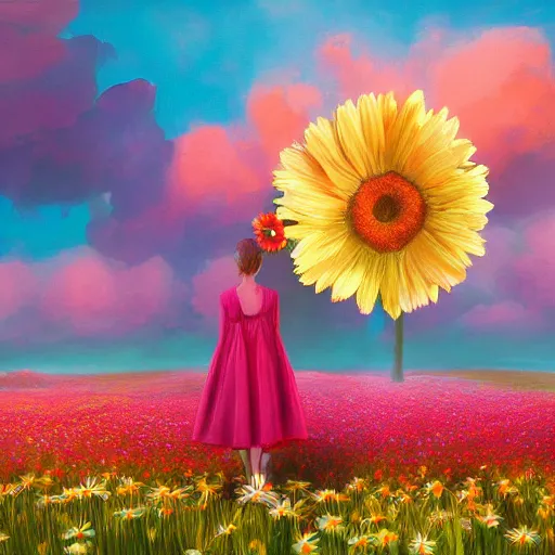 Prompt: giant daisy flower in front of head, full body girl standing in a flower field, surreal photography, sunrise, dramatic light, impressionist painting, colorful clouds, digital painting, artstation, simon stalenhag