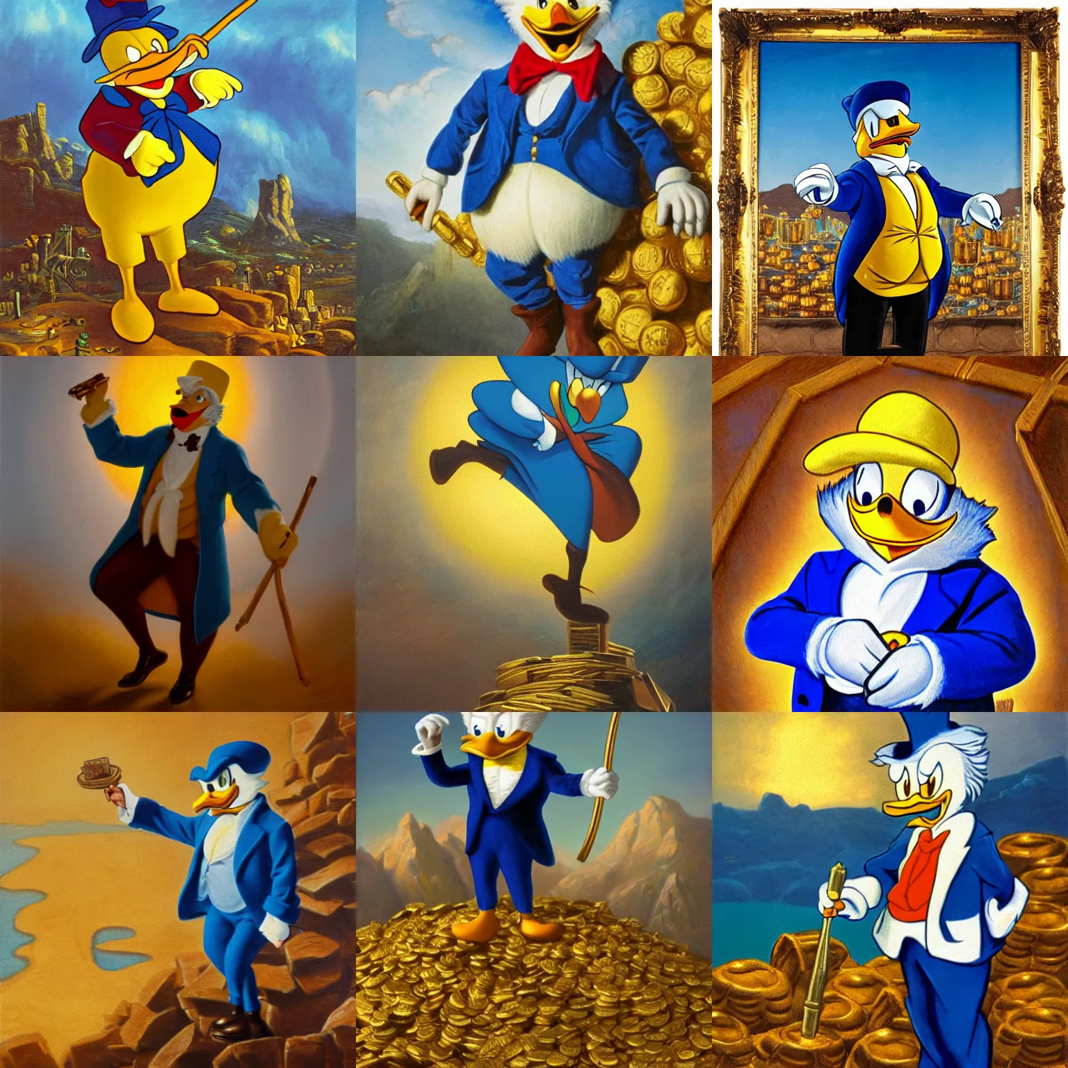 Prompt: Scrooge McDuck from the Duck Tales in blue costume standing on a mountain of gold and holding a cane, view from below, oil painting, highly detailed