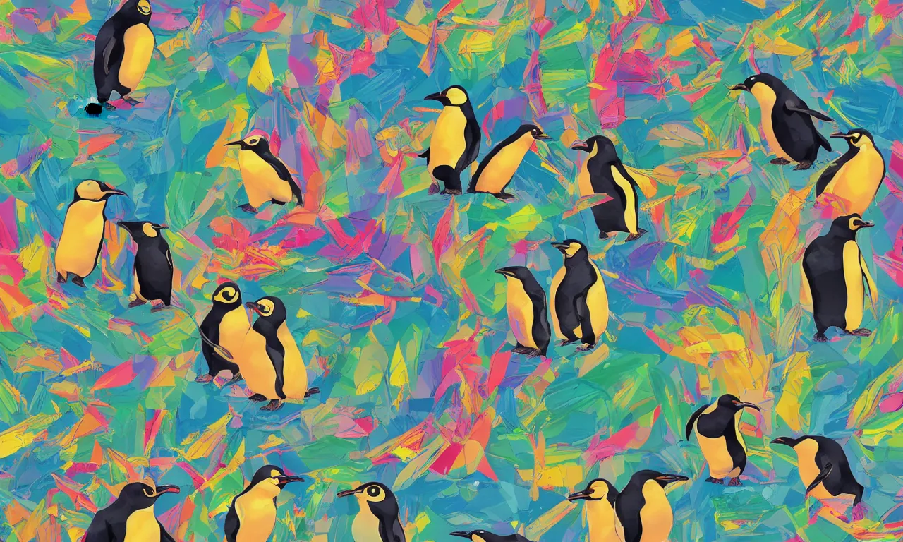 Prompt: three colorful pinguins, forested blobs and interconnected high speed rails, digital art, illustration