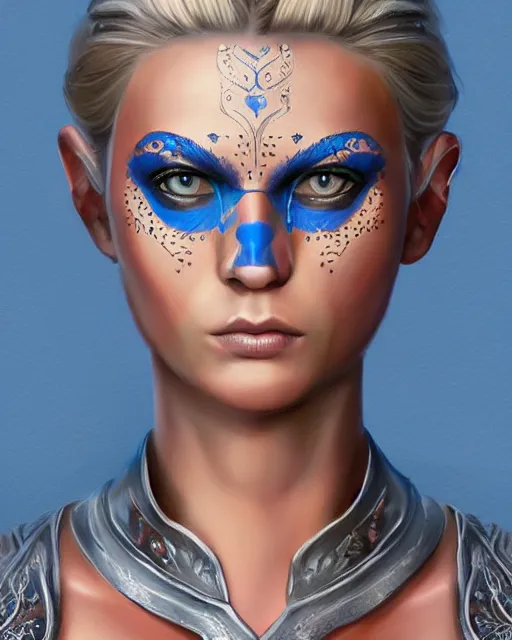 Prompt: full - body portrait of slavic young woman warrior, front, symmetrical, extremely detailed face, face war paintings, beautiful face, short blonde hair, blue eyes, digital painting, unreal engine, true anatomy, behance frm 4 6, art by evgeny zubkov