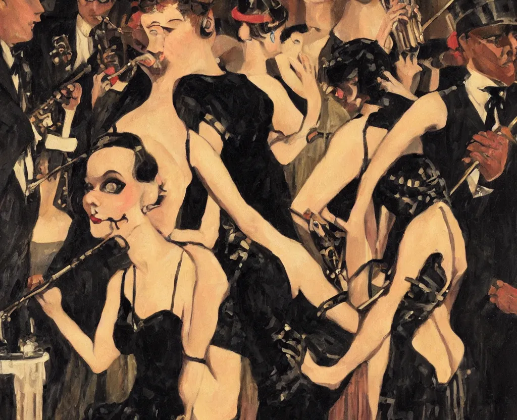 Prompt: realistic oil painting of a 1 9 2 0 s short - haired flapper woman in black satin gloves on a dancefloor with others, at a jazz band performance in a dimly lit speakeasy, jazz age, precise, wide shot, cohesive, stylistic, art deco, cinematic, low - lighting