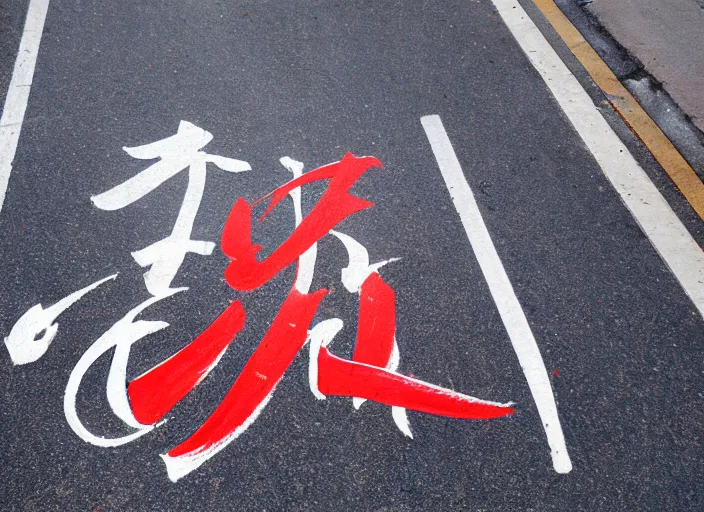 Prompt: a beautiful calligraphic kanji painted on the street, akira style, natural light