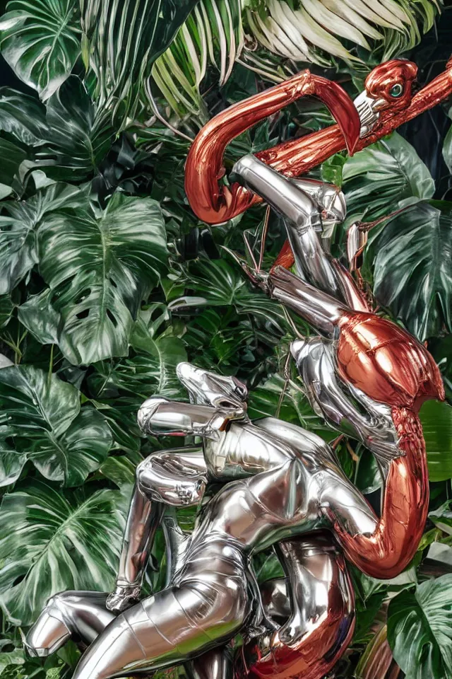 Image similar to close - up of a cyborg chrome nymph statue wrestling with a giant flamingo, surrounded by tropical monstera medinilla magnifica flower plants and thick pigmented smoke, by jeff koons, hajime soryama, boris vallejo, artgerm, greg rutkowski, alphonse mucha, kim keever