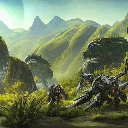 Image similar to mechas in highly detailed alien planet with lush vegetation, deserts and mountains, artgerm, cgsociety