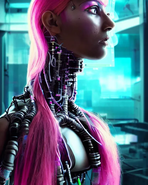 Image similar to portrait of a beautiful brown woman with pink hair as a cyberpunk cyborg half robot, revealing wires and electronics, hooked - up, sci - fi, missing panels, intricate abstract upper body intricate artwork, concept art, octane render, deviantart, cinematic, key art, hyperrealism, iridescent accents, portrait photograph, nikon 3 5 mm, photograph by greg rutkowski