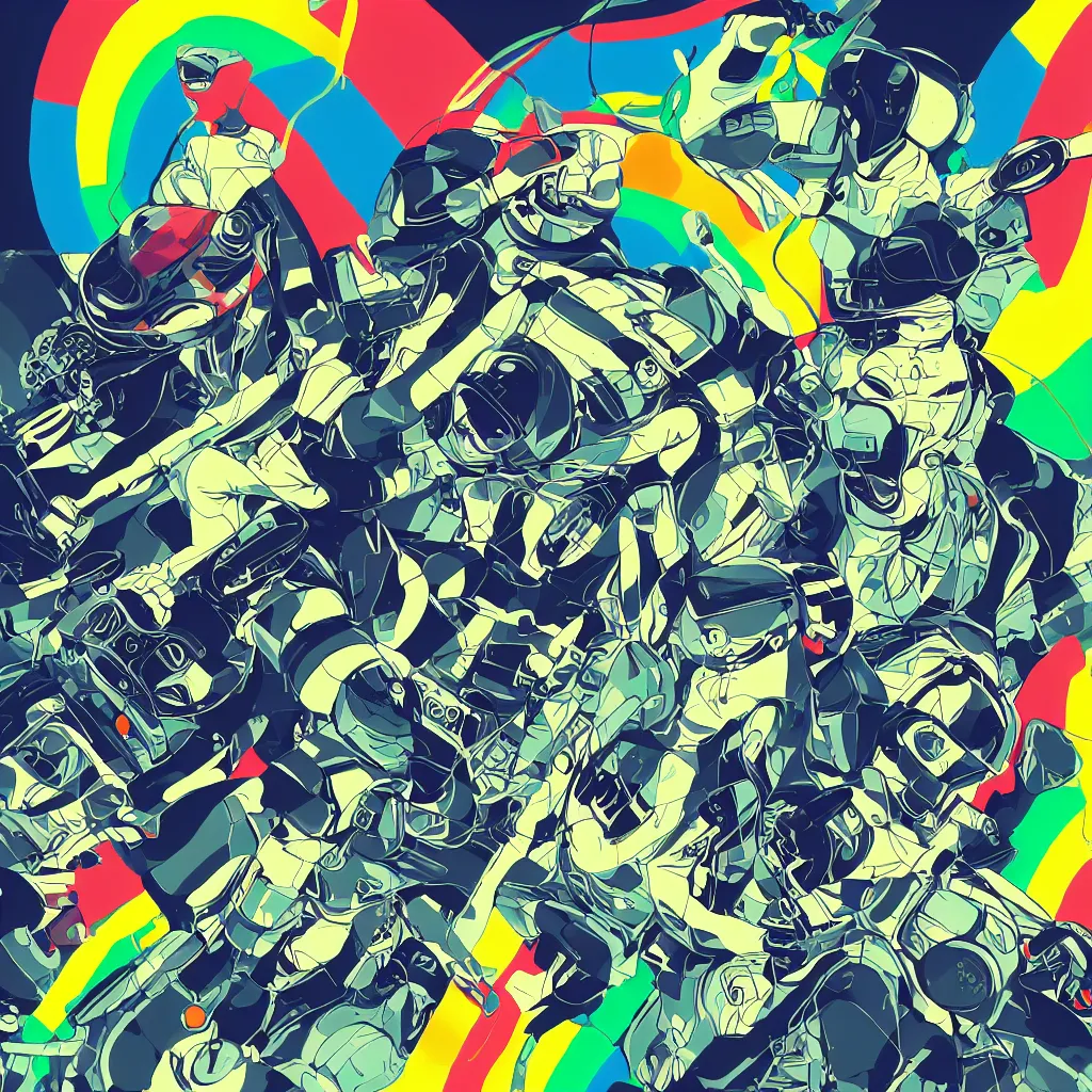 Image similar to people wearing helmets, ryuta ueda artwork, jet set radio artwork, stripes, gloom, space, cel - shaded art style, broken rainbow, data, minimal, speakers, code, cybernetic, dark, eerie, cyber