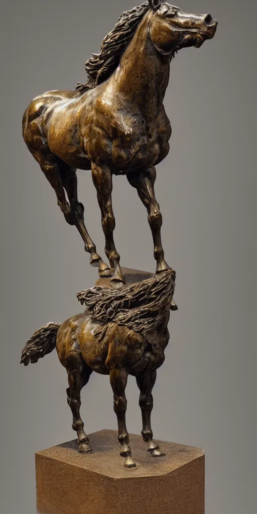 Prompt: detailed photo of an old bronze patina statue of a horse, full body portrait, various pose, photorealism, intricate detail, museum diffuse lighting