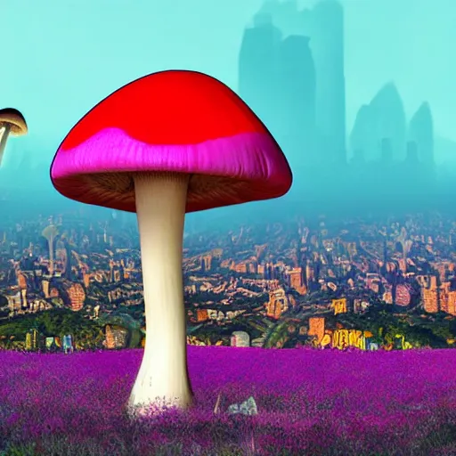 Image similar to a giant, nightmarish mushroom looking over an exotic city on the horizon, a mushroom forest, a red and purple mist filled with eyes