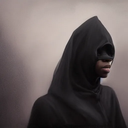 Image similar to a portrait of a young black woman wearing a long dark cloak, hood and shadows covering face, anatomically correct, beautiful perfect face, enigmatic, oil painting, matte painting, black background, Volumetric dynamic lighting, Highly Detailed, Cinematic Lighting, Unreal Engine, 8k, HD, by Beksinski