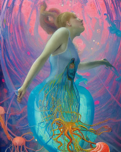 Image similar to a beautiful girl underwater wearing a colourful octopus as a dress and surrounded by glowing jellyfish, painted by edgar maxence, edward hopper, wayne barlowe and james gilleard, airbrush, art by jamesjean