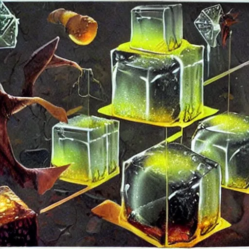 Prompt: gelatinous cubes being processed into magic items with the juice made from their bodies, d & d, dave mckean
