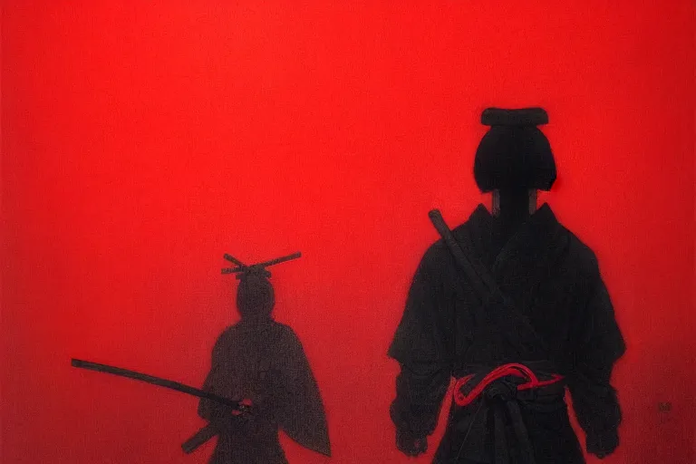 Image similar to only with red, a red samurai harakiri, tokio, a lot of frogs watch, in the style of beksinski, parts by edward hopper, parts by rodcenko, parts by yue minjun, intricate and epic composition, red by caravaggio, insanely quality, highly detailed, masterpiece, red light, artstation, 4 k