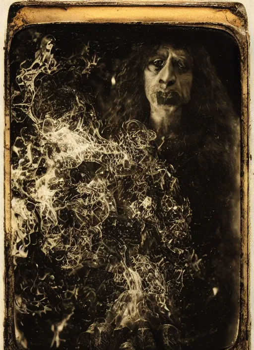 Image similar to old wetplate daguerreotype portrait of neanderthaler creating fire, explosion of data fragments, fractal, intricate, elegant, highly detailed, parallax, leica, medium format, subsurface scattering, by jheronimus bosch and greg rutkowski and louis jacques mande daguerre