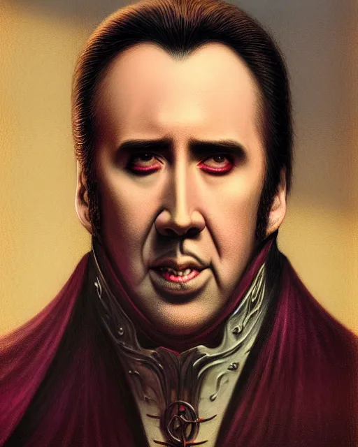 Image similar to nicolas cage as dracula, highly detailed, centered, artstation, concept art, smooth, sharp focus, illustration, bokeh art by artgerm and donato giancola and joseph christian leyendecker
