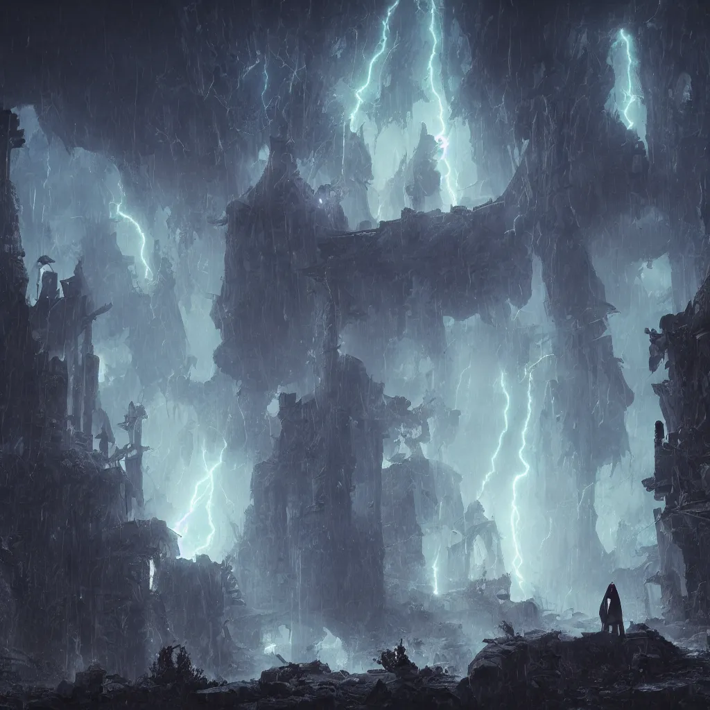 Image similar to a still of a cloaked figure standing in the ruins of crux prime, bree, lantern - lit town, there is lightning, blue fiery maelstrom in the distance, it is raining, digital art, artstationhq