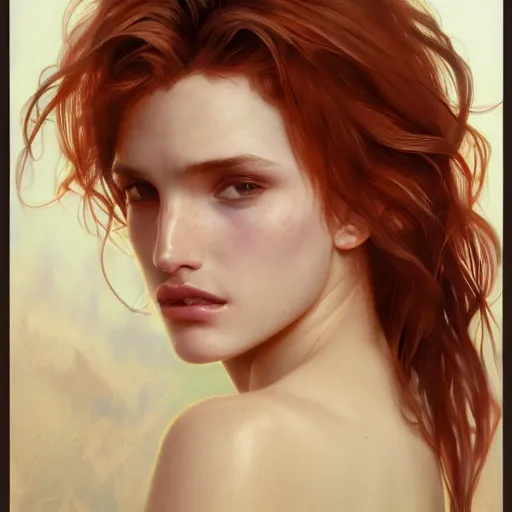 Image similar to ultra realistic illustration, bella thorne messy hair waking up, intricate, elegant, highly detailed, digital painting, artstation, concept art, smooth, sharp focus, illustration, art by artgerm and greg rutkowski and alphonse mucha