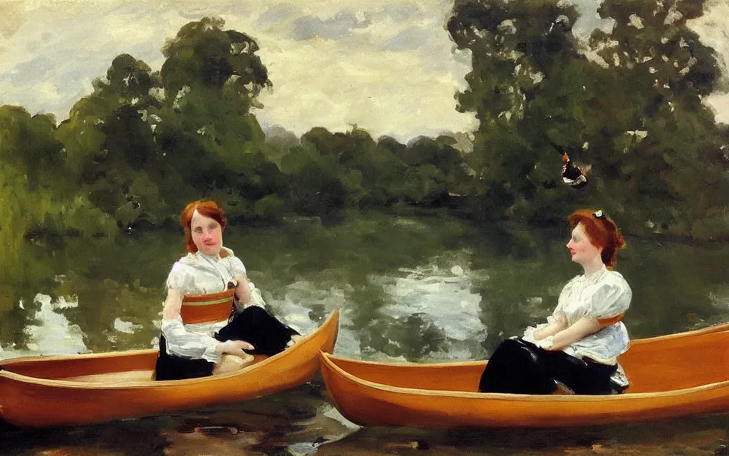 Image similar to “ a girl sitting in canoe on a river drinking beer, john siner sargent ”