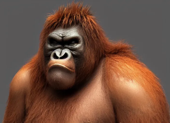 Image similar to extremely scary angry tough rough looking sumo orangutan. japanese warrior character, scary, gruffness, interesting 3 d character concept by square enix, in the style of league of legends, hyper detailed, cinematic, final fantasy, character concept, ray tracing, fur details, maya, c 4 d, artstation