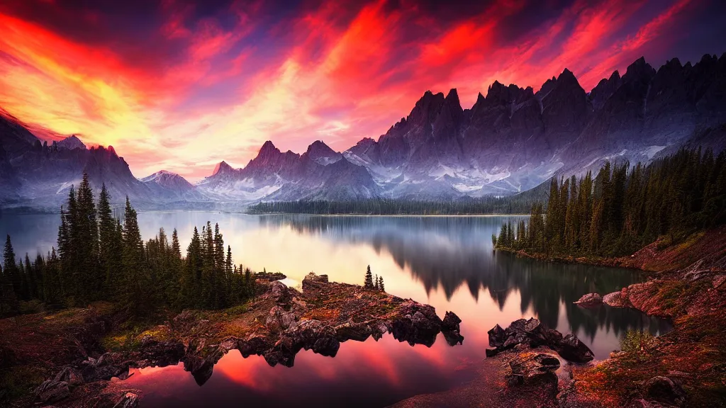 Image similar to amazing landscape photo of mountains with lake in sunset by marc adamus, beautiful dramatic lighting