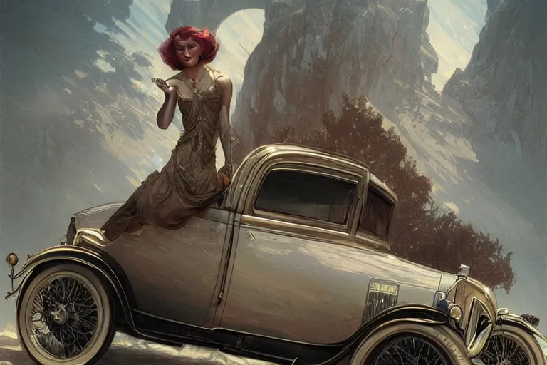 Image similar to 1930 car, fantasy, elegant, intricate, highly detailed, digital painting, artstation, concept art, sharp focus, illustration, art by artgerm and greg rutkowski and alphonse mucha