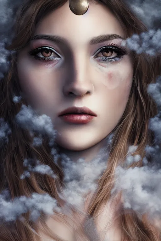 Image similar to Goddes of Clouds, Mist and Smoke, , pretty face, ultra detailed, digital art, 8k ,character ,realistic, portrait, hyperrealistic