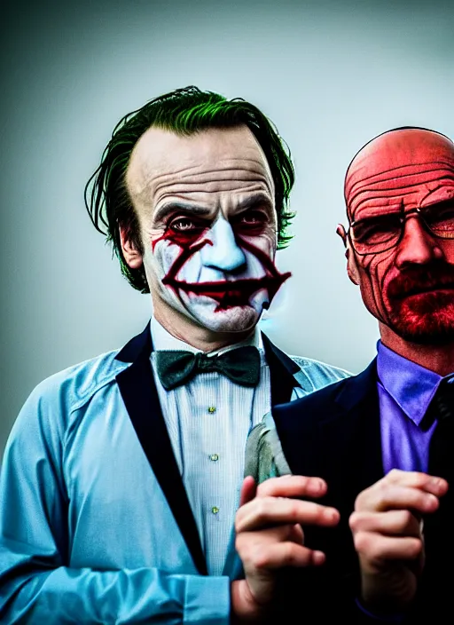 Prompt: portrait of saul goodman and walter white as the joker, absurdist bokeh caustics