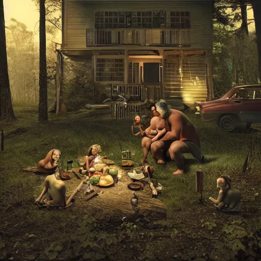 Prompt: a family of cyclops having dinner, by Gregory Crewdson