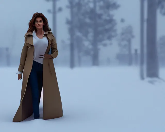 Prompt: portrait of cindy crawford in a trench coat on a windy evening, winter, snow, artstation, volumetric lighting, octane render, sylvain sarrailh