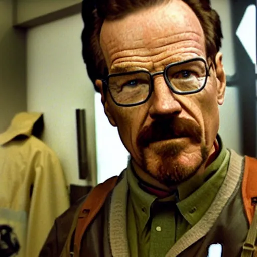 Prompt: Bryan Cranston as Gordon Freeman, dressed as Gordon Freeman from half life 2, still from a movie
