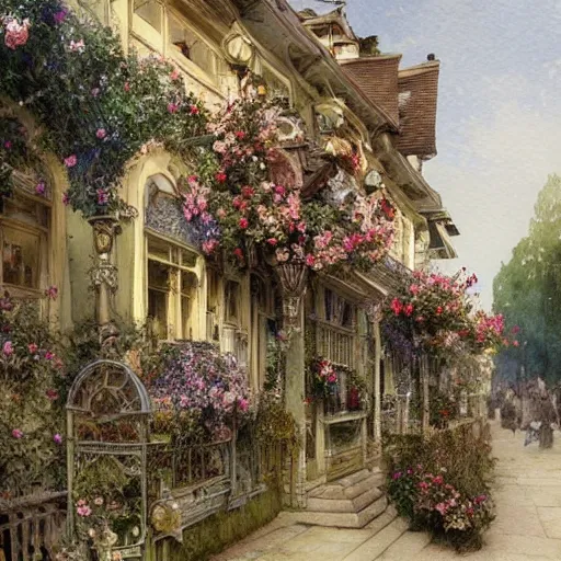 Prompt: a beautifull intricate watercolour painting of a victorian coffe house with many flowers and, reflexions, verry high details by william turner art, greg rutkowski and alphonse mucha, trending on artstation, very very detailed, masterpiece,