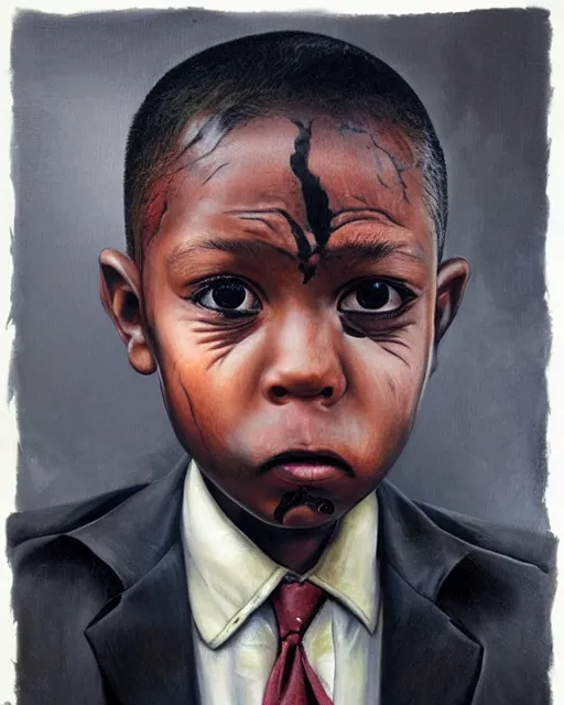 Image similar to portrait of a 7 year old child gang leader, gritty, wearing a suit, smoking, criminal, very detailed eyes, hyperrealistic, very detailed painting by Glenn Fabry, by Joao Ruas, by Artgerm