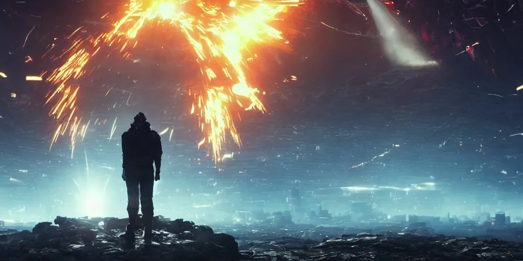 Image similar to a human standing front of a huge towering and broken stone tablet with red light + alien pattern + an abandoned spaceship, stands in the center of a prosperous city at the end of the world, and the power and energy is explode, secret, mysterious, doomsday, landscape, video game control, quantum break, arknights,