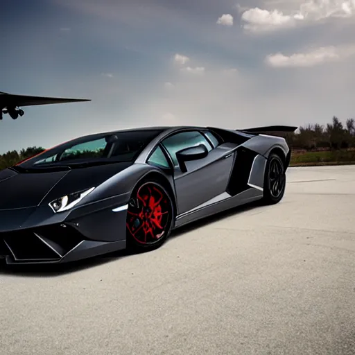 Prompt: photo of a lamborghini fighter jet