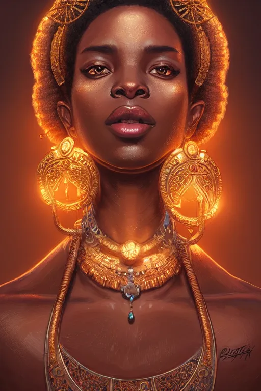 Prompt: highly detailed portrait of an elegant african goddess, ornate crown, beautiful symmetrical face, glowing brown skin, digital painting, artstation, concept art, smooth, clear focus, illustration, greg rutkowski, artgerm, global lighting, detailed and fantasy