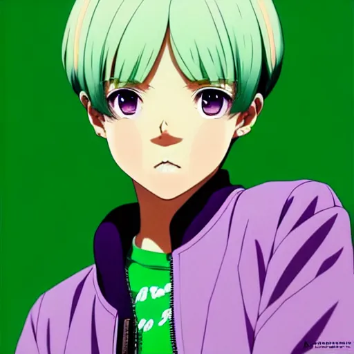 Image similar to anime poster film still portrait, african american young woman, large, purple eyes!!!, white french bob, green green green bomber jacket, detailed facial features, dynamic pose, cute face by ilya kuvshinov, yoh yoshinari, makoto shinkai, rimlight, cel shaded, 4 k