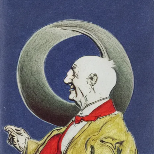 Image similar to crescent moon man smiling portrait, side view, surrounded by clouds, illustrated by peggy fortnum and beatrix potter and sir john tenniel