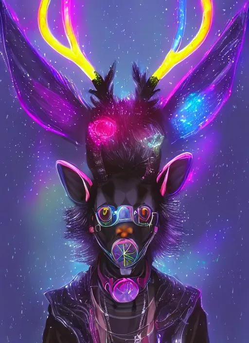 Image similar to award winning beautiful portrait commission of a male furry anthro Black Reindeer cyberpunk fursona with a tail, wings, wings, wings and a cute beautiful attractive detailed furry face wearing stylish black and rainbow galaxy clothes, outline, in a cyberpunk city at night while it rains. Character design by charlie bowater, ross tran, artgerm, and makoto shinkai, detailed, inked, western comic book art