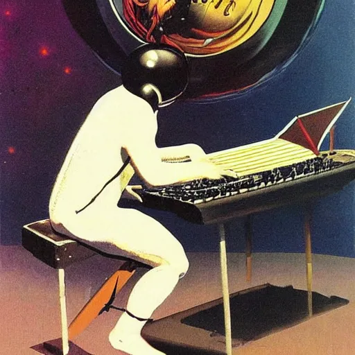 Image similar to astronaut playing keyboard by frank frazetta