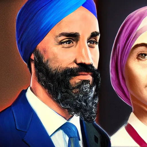 Image similar to Justin Trudeau beside Jagmeet Singh, pictured in the american gothic painting, concept art, sharp focus, highly detailed digital painting by Grant Wood, artstation