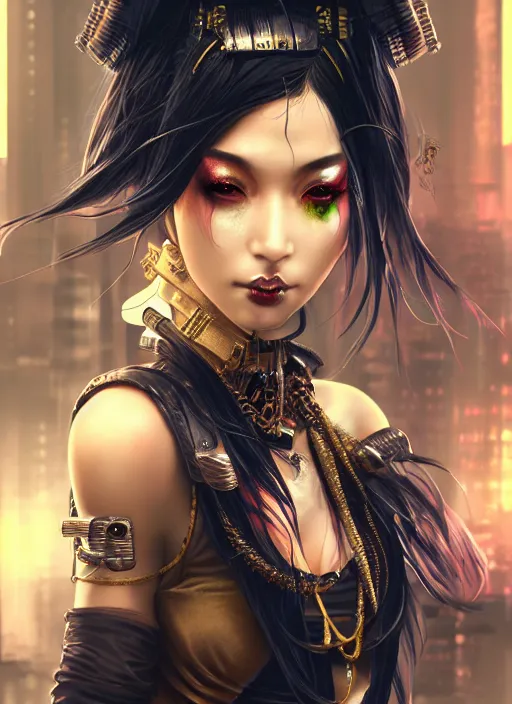 Image similar to soft lustrous ebony geisha seductive raver gutter punk steampunk cyborg, yakuza, golden ratio, details, scifi, fantasy, cyberpunk city, intricate, decadent, highly detailed, octane render, digital painting, artstation, concept art, sharp focus, illustration, art by artgerm, loish, wlop