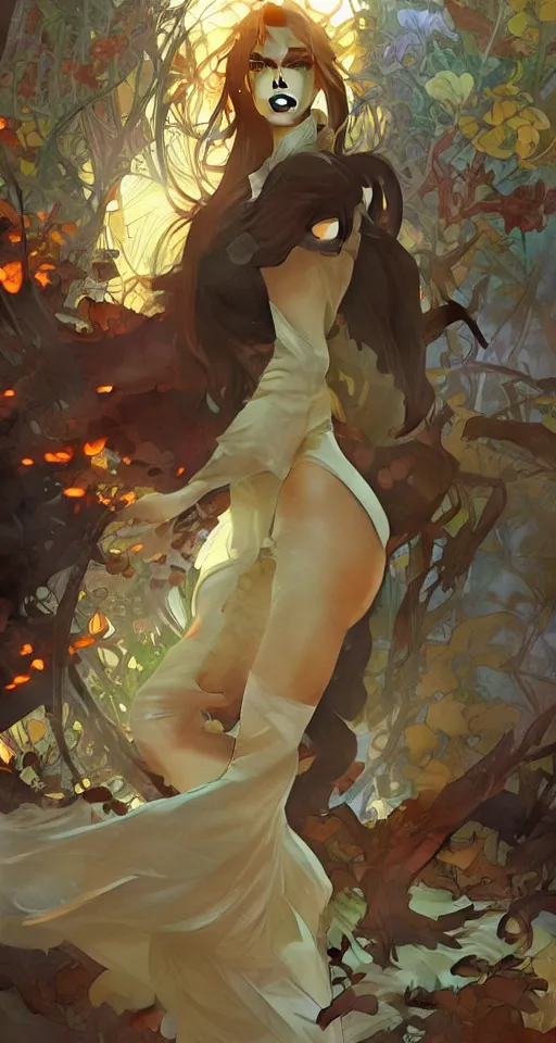 Prompt: the fall season, orange lighting, elegant, dramatic lighting, graphic art, volumetric lighting, sharp focus, detailled, by Krenz Cushart and Artem Demura and Alphonse Mucha