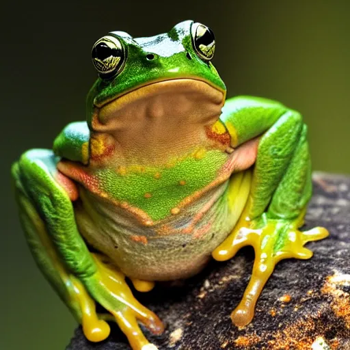 Prompt: a photo of a frog with muscles standing on two feet and lifting planet earth on its hands