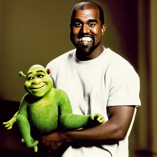 Prompt: kanye west smiling holding shrek for a 1 9 9 0 s sitcom tv show, studio photograph, portrait c 1 2. 0