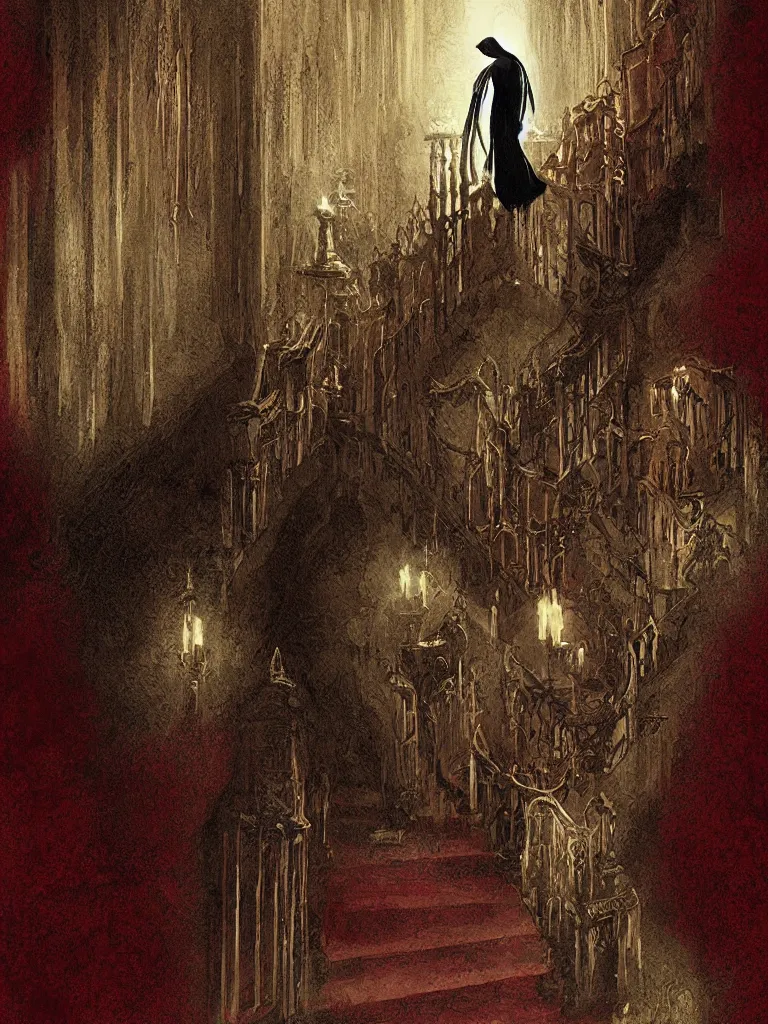 Prompt: “a digital painting of a ghost in a giant victorian mansion staircase, horror, crimson peak, dark, by Guillermor del Toro”