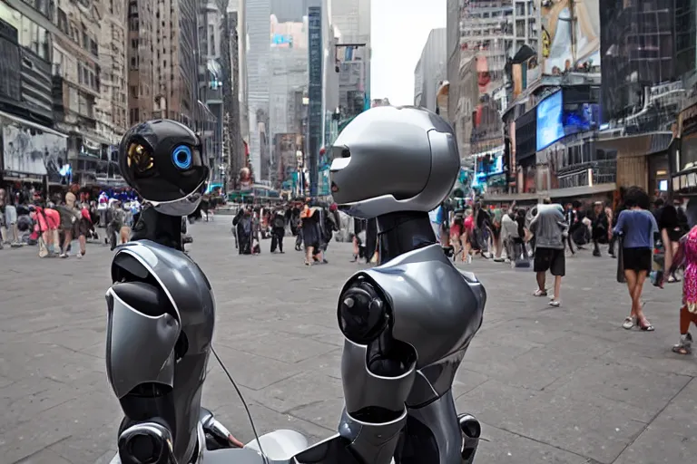 Image similar to cinematography sleek humanoid robot clones helping people in time squares by Emmanuel Lubezki