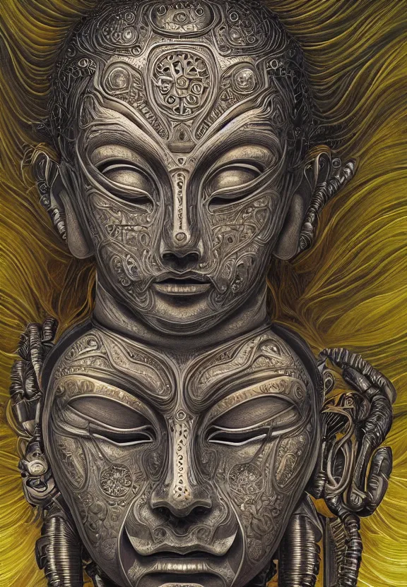 Image similar to perfectly centered portrait, front view of a beautiful biomechanical alien android robot buddha, female, flowing hair, intense stare, sarcastic smile, symmetrical, concept art, intricate detail, volumetric shadows and lighting, realistic oil painting by alex grey and gustave dore,