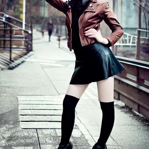 Prompt: an epic cinematic 8K HD movie shot of a japanese young J-Pop idol girl wearing leather jacket, miniskirt, nylon tights and high heels boots. Inspirational arthouse