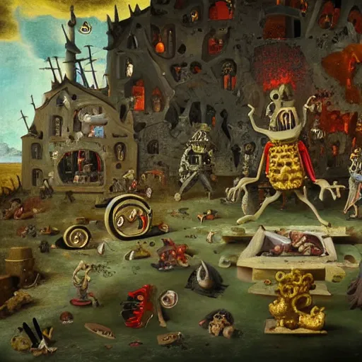 Image similar to spongebob squarepants in dante's inferno with trumpeters and demons, intricate detail, hieronymous bosch, whealan, hd, unreal engine